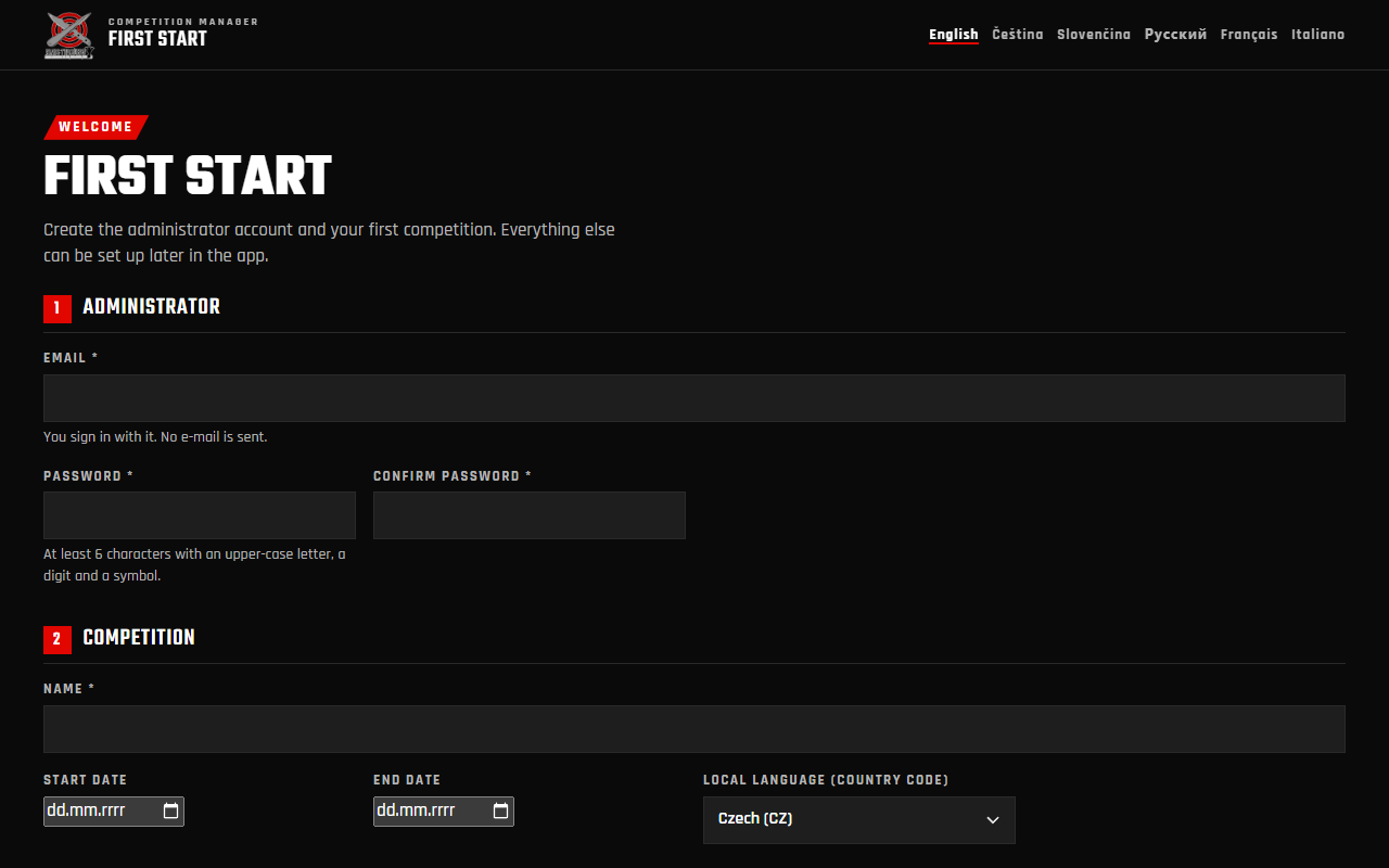 Průvodce prvním spuštěním: účet administrátora / Setup wizard: administrator account